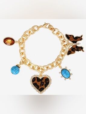 Jessica Simpson Gold Charm Bracelet Turquoise& Leopard Heart & Butterfly Charm